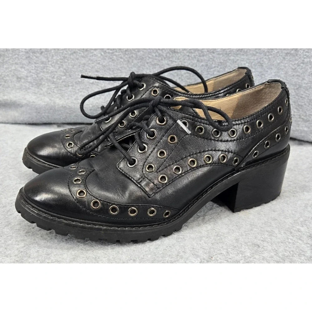 Michael Kors Black Leather Grommet Eyelet Lace Up Block Heel Oxfords 7M Goth - Picture 2 of 7
